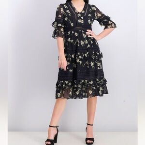 AQUA Women’s Black Floral Lace Ruffle Dress Size XS